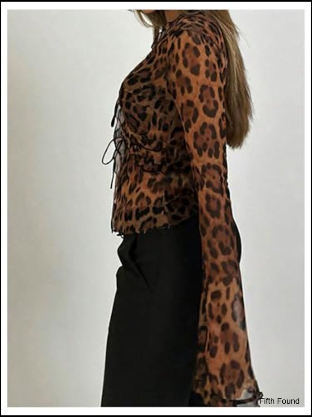 Bell Sleeve Sheer Leopard Print T-Shirt Tie Front Y2K - Picture 3 of 4
